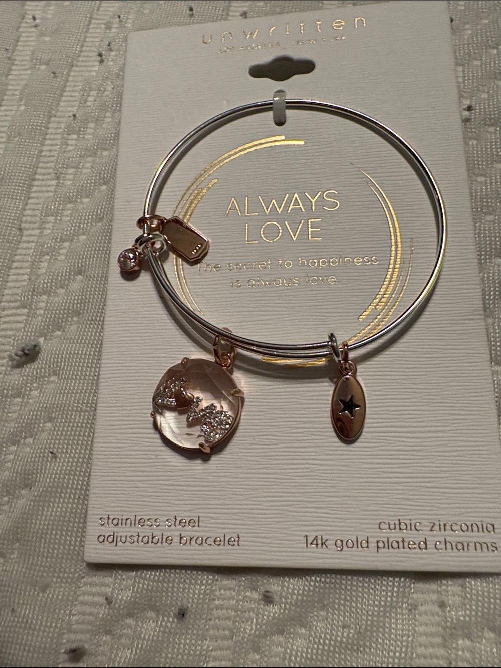 Unwritten Silver and Rose Gold Adjustable Charm Bangle Bracelet 14 k gold plated